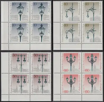 BERLIN 1979 Michel-Nummer 603-606 postfrisch SATZ(4) BLÖCKE ECKRÄNDER unten links - Historische Straßenlaternen