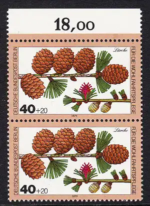 BERLIN 1979 Michel-Nummer 607 postfrisch vert.PAAR RAND oben (a) - Blätter, Blüten und Früchte des Waldes: Lärche