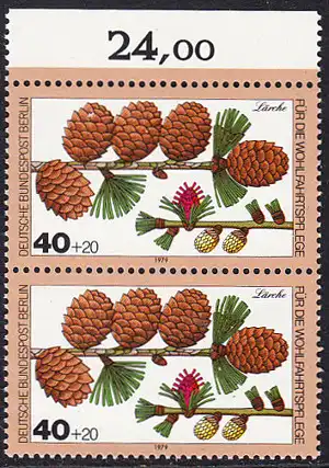 BERLIN 1979 Michel-Nummer 607 postfrisch vert.PAAR RAND oben (b) - Blätter, Blüten und Früchte des Waldes: Lärche