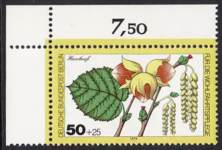 BERLIN 1979 Michel-Nummer 608 postfrisch EINZELMARKE ECKRAND oben links - Blätter, Blüten und Früchte des Waldes: Haselnuss