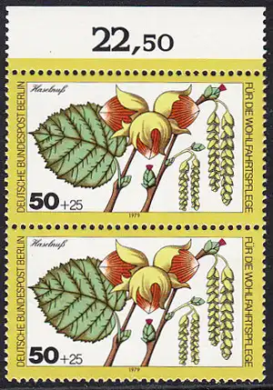BERLIN 1979 Michel-Nummer 608 postfrisch vert.PAAR RAND oben (a) - Blätter, Blüten und Früchte des Waldes: Haselnuss