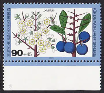 BERLIN 1979 Michel-Nummer 610 postfrisch EINZELMARKE RAND unten - Blätter, Blüten und Früchte des Waldes: Schlehe