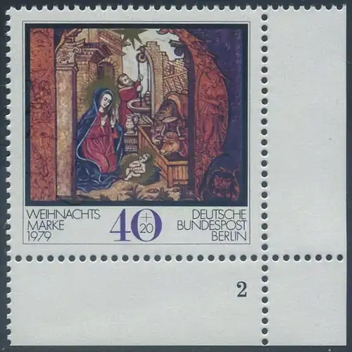BERLIN 1979 Michel-Nummer 613 postfrisch EINZELMARKE ECKRAND unten rechts (/FN/b) - Weihnachten