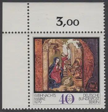 BERLIN 1979 Michel-Nummer 613 postfrisch EINZELMARKE ECKRAND oben links - Weihnachten