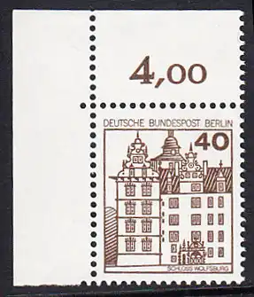 BERLIN 1980 Michel-Nummer 614 postfrisch EINZELMARKE ECKRAND oben links - Burgen & Schlösser: Renaissance-Schloss Wolfsburg