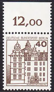 BERLIN 1980 Michel-Nummer 614 postfrisch EINZELMARKE RAND oben - Burgen & Schlösser: Renaissance-Schloss Wolfsburg