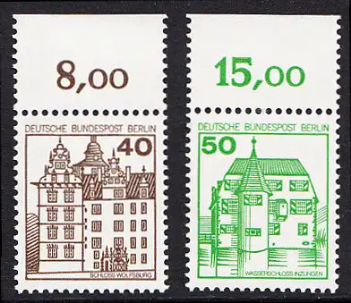 BERLIN 1980 Michel-Nummer 614-615 postfrisch SATZ(2) EINZELMARKEN RÄNDER oben (a) - Burgen & Schlösser: Renaissance-Schloss Wolfsburg / Wasserschloß Inzlingen