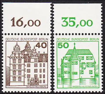 BERLIN 1980 Michel-Nummer 614-615 postfrisch SATZ(2) EINZELMARKEN RÄNDER oben (d) - Burgen & Schlösser: Renaissance-Schloss Wolfsburg / Wasserschloß Inzlingen
