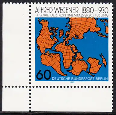 BERLIN 1980 Michel-Nummer 616 postfrisch EINZELMARKE ECKRAND unten links - Alfred Wegener, Geophysiker und Meteorologe