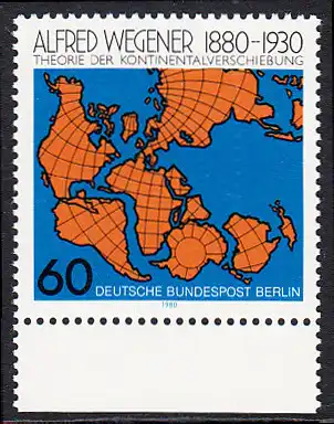 BERLIN 1980 Michel-Nummer 616 postfrisch EINZELMARKE RAND unten - Alfred Wegener, Geophysiker und Meteorologe