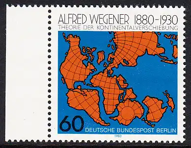 BERLIN 1980 Michel-Nummer 616 postfrisch EINZELMARKE RAND links - Alfred Wegener, Geophysiker und Meteorologe