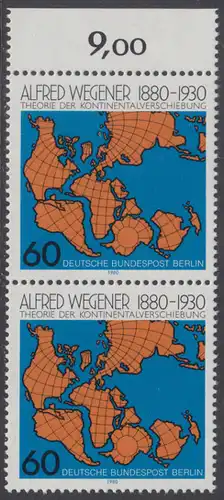 BERLIN 1980 Michel-Nummer 616 postfrisch vert.PAAR RAND oben - Alfred Wegener, Geophysiker und Meteorologe