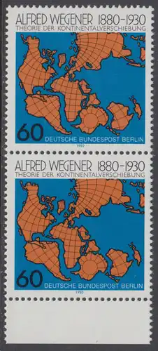 BERLIN 1980 Michel-Nummer 616 postfrisch vert.PAAR RAND unten - Alfred Wegener, Geophysiker und Meteorologe
