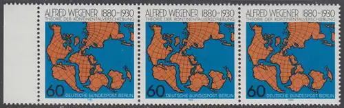 BERLIN 1980 Michel-Nummer 616 postfrisch horiz.STRIP(3) RAND links - Alfred Wegener, Geophysiker und Meteorologe