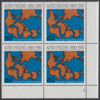 BERLIN 1980 Michel-Nummer 616 postfrisch BLOCK ECKRAND unten rechts (FN) - Alfred Wegener, Geophysiker und Meteorologe