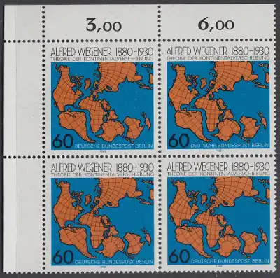 BERLIN 1980 Michel-Nummer 616 postfrisch BLOCK ECKRAND oben links - Alfred Wegener, Geophysiker und Meteorologe