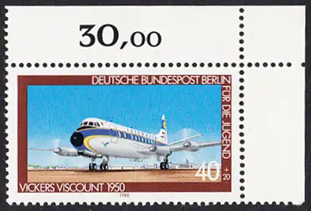 BERLIN 1980 Michel-Nummer 617 postfrisch EINZELMARKE ECKRAND oben rechts - Luftfahrt: Verkehrsflugzeug Vickers Viscount
