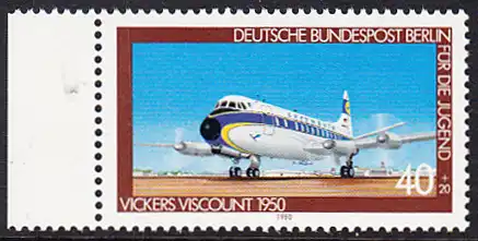 BERLIN 1980 Michel-Nummer 617 postfrisch EINZELMARKE RAND links - Luftfahrt: Verkehrsflugzeug Vickers Viscount