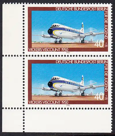 BERLIN 1980 Michel-Nummer 617 postfrisch vert.PAAR ECKRAND unten links - Luftfahrt: Verkehrsflugzeug Vickers Viscount