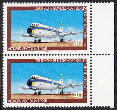 BERLIN 1980 Michel-Nummer 617 postfrisch vert.PAAR RAND rechts - Luftfahrt: Verkehrsflugzeug Vickers Viscount