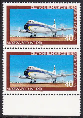 BERLIN 1980 Michel-Nummer 617 postfrisch vert.PAAR RAND unten - Luftfahrt: Verkehrsflugzeug Vickers Viscount