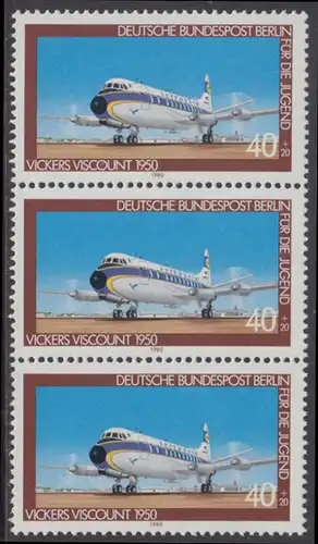 BERLIN 1980 Michel-Nummer 617 postfrisch vert.STRIP(3) - Luftfahrt: Verkehrsflugzeug Vickers Viscount