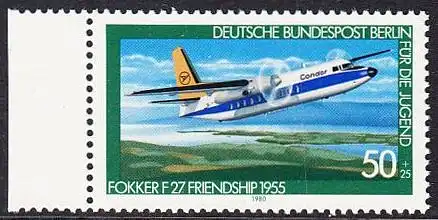 BERLIN 1980 Michel-Nummer 618 postfrisch EINZELMARKE RAND links - Luftfahrt: Verkehrsflugzeug Fokker F 27 Friendship