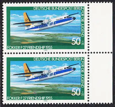 BERLIN 1980 Michel-Nummer 618 postfrisch vert.PAAR RAND rechts - Luftfahrt: Verkehrsflugzeug Fokker F 27 Friendship