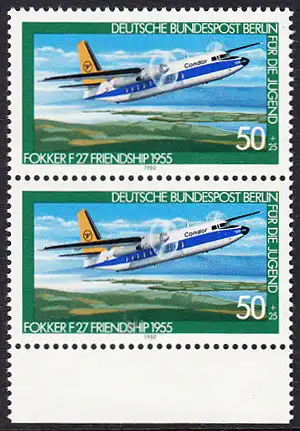 BERLIN 1980 Michel-Nummer 618 postfrisch vert.PAAR RAND unten - Luftfahrt: Verkehrsflugzeug Fokker F 27 Friendship