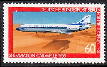 BERLIN 1980 Michel-Nummer 619 postfrisch EINZELMARKE - Luftfahrt: Verkehrsflugzeug Sud Aviation Caravelle