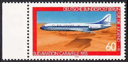 BERLIN 1980 Michel-Nummer 619 postfrisch EINZELMARKE RAND links - Luftfahrt: Verkehrsflugzeug Sud Aviation Caravelle