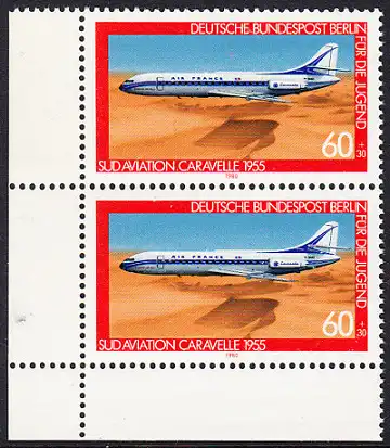 BERLIN 1980 Michel-Nummer 619 postfrisch vert.PAAR ECKRAND unten links - Luftfahrt: Verkehrsflugzeug Sud Aviation Caravelle