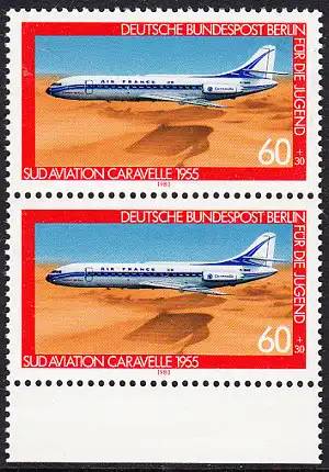 BERLIN 1980 Michel-Nummer 619 postfrisch vert.PAAR RAND unten - Luftfahrt: Verkehrsflugzeug Sud Aviation Caravelle
