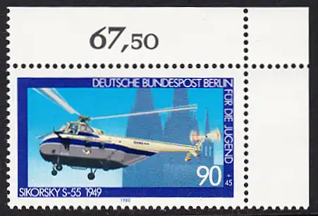 BERLIN 1980 Michel-Nummer 620 postfrisch EINZELMARKE ECKRAND oben rechts - Luftfahrt: Hubschrauber Sikorsky S-55