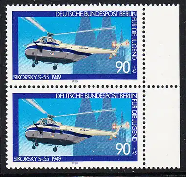 BERLIN 1980 Michel-Nummer 620 postfrisch vert.PAAR RAND rechts - Luftfahrt: Hubschrauber Sikorsky S-55