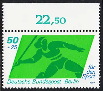 BERLIN 1980 Michel-Nummer 621 postfrisch EINZELMARKE RAND oben (b) - Sporthilfe: Speerwerfen