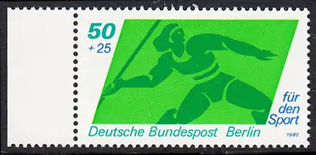 BERLIN 1980 Michel-Nummer 621 postfrisch EINZELMARKE RAND links - Sporthilfe: Speerwerfen
