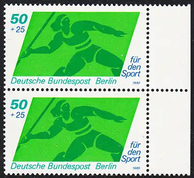 BERLIN 1980 Michel-Nummer 621 postfrisch vert.PAAR RAND rechts - Sporthilfe: Speerwerfen