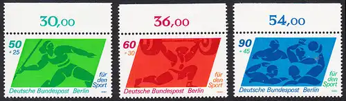 BERLIN 1980 Michel-Nummer 621-623 postfrisch SATZ(3) EINZELMARKEN RÄNDER oben (b) - Sporthilfe