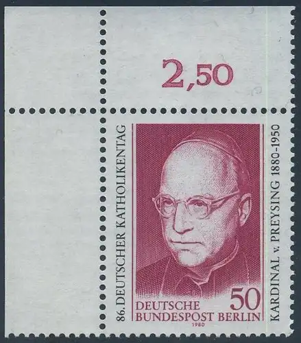 BERLIN 1980 Michel-Nummer 624 postfrisch EINZELMARKE ECKRAND oben links - Kardinal Konrad Graf von Preysing-Lichtenegg-Moos, Bischof von Berlin