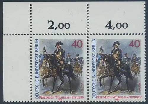 BERLIN 1980 Michel-Nummer 628 postfrisch horiz.PAAR ECKRAND oben links - Friedrich Wilhelm von Steuben, General der amerikanischen Kontinentalarmee