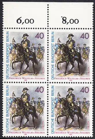 BERLIN 1980 Michel-Nummer 628 postfrisch BLOCK RÄNDER oben - Friedrich Wilhelm von Steuben, General der amerikanischen Kontinentalarmee