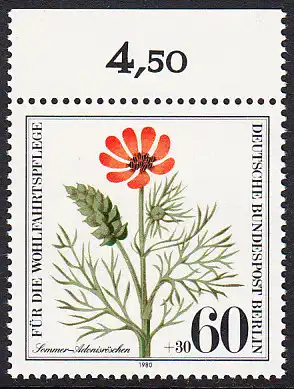 BERLIN 1980 Michel-Nummer 631 postfrisch EINZELMARKE RAND oben (a) - Gefährdete Ackerwildkräuter: Sommer-Adonisröschen
