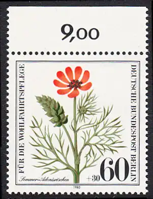 BERLIN 1980 Michel-Nummer 631 postfrisch EINZELMARKE RAND oben (b) - Gefährdete Ackerwildkräuter: Sommer-Adonisröschen