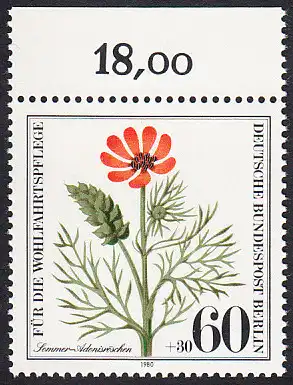 BERLIN 1980 Michel-Nummer 631 postfrisch EINZELMARKE RAND oben (c) - Gefährdete Ackerwildkräuter: Sommer-Adonisröschen
