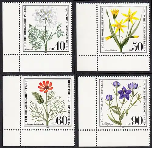 BERLIN 1980 Michel-Nummer 629-632 postfrisch SATZ(4) EINZELMARKEN ECKRÄNDER unten links - Gefährdete Ackerwildkräuter