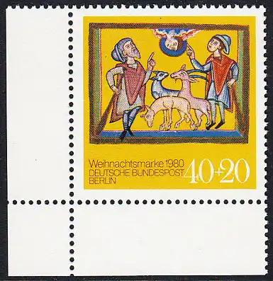 BERLIN 1980 Michel-Nummer 633 postfrisch EINZELMARKE ECKRAND unten links - Weihnachten
