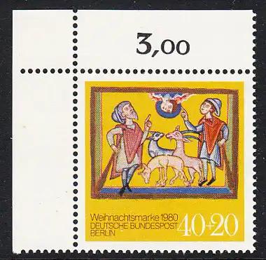 BERLIN 1980 Michel-Nummer 633 postfrisch EINZELMARKE ECKRAND oben links - Weihnachten