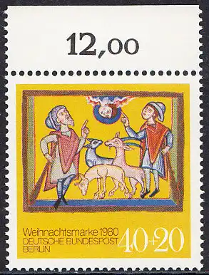 BERLIN 1980 Michel-Nummer 633 postfrisch EINZELMARKE RAND oben (c) - Weihnachten