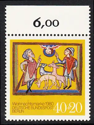 BERLIN 1980 Michel-Nummer 633 postfrisch EINZELMARKE RAND oben (a) - Weihnachten